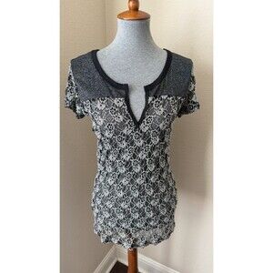 BKE Women's Size XL Black White Silver Metallic Lace V-Neck Y2K Grunge Sheer Top